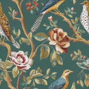 Emerald Green Floral and Bird Motif Wallpaper design