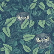 Green Foliage with Hidden Owls Wallpaper design
