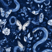 Dark Navy Blue Snake and Butterfly Floral Wallpaper design