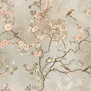 Beige Cherry Blossom Bird Botanical Wallpaper design