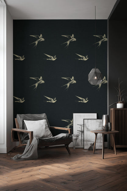 Charcoal Black Swallow Bird Motif Wallpaper