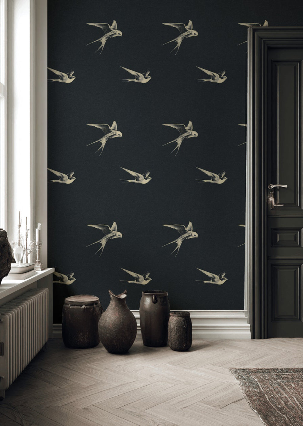 Charcoal Black Swallow Bird Motif Wallpaper