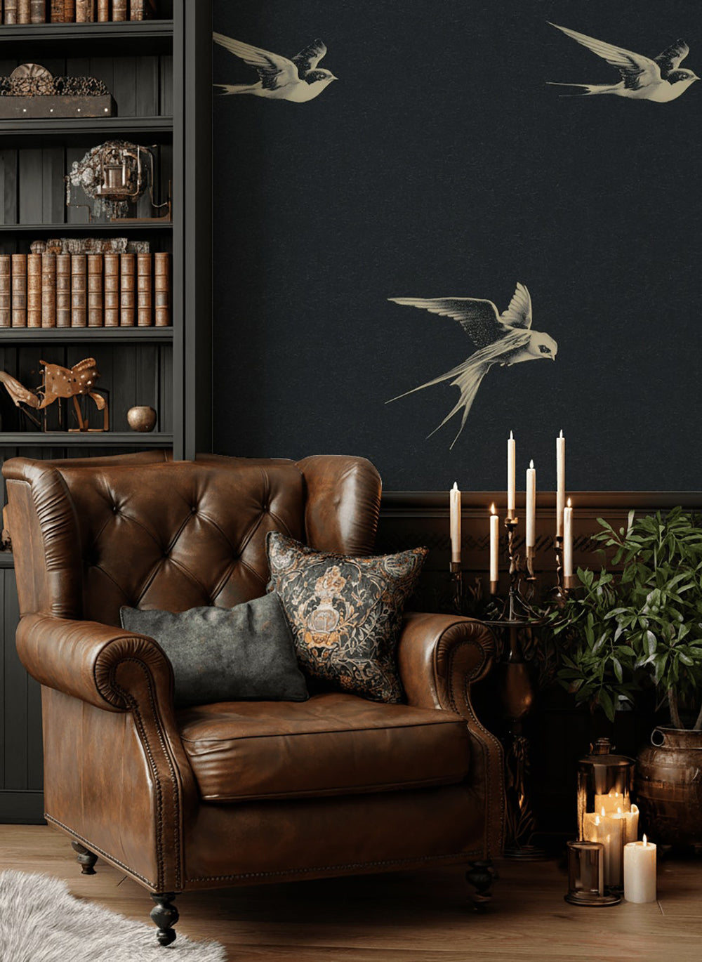 Charcoal Black Swallow Bird Motif Wallpaper