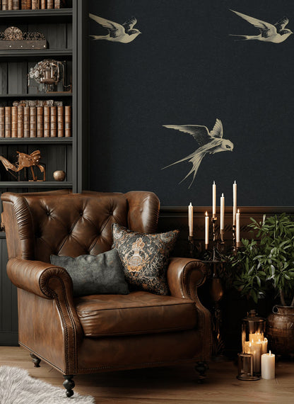 Charcoal Black Swallow Bird Motif Wallpaper