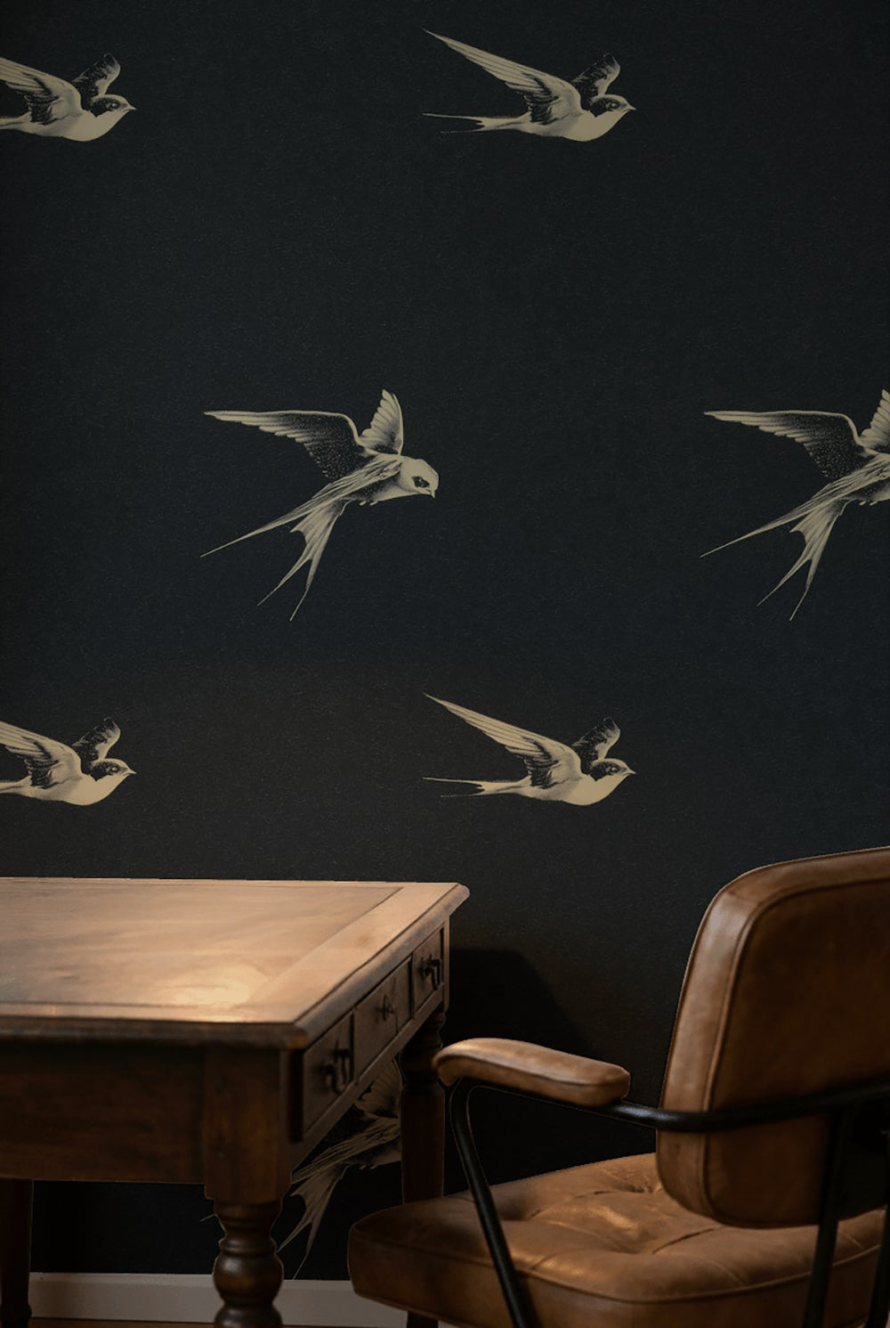 Charcoal Black Swallow Bird Motif Wallpaper