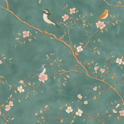 Emerald Green Cherry Blossom Bird Pattern Wallpaper design