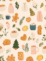 Cream Festive Treats and Foliage Wallpaper design