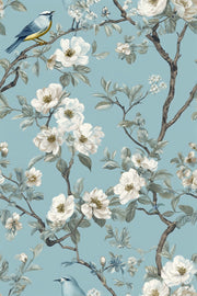 Teal Blue Cherry Blossom Bird Wallpaper design