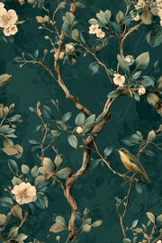 Dark Emerald Floral Bird Botanical Wallpaper design