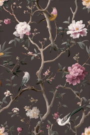 Dark Charcoal Peony and Bird Chinoiserie Wallpaper design