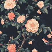 Elegant Black Vintage Peony and Bird Wallpaper design