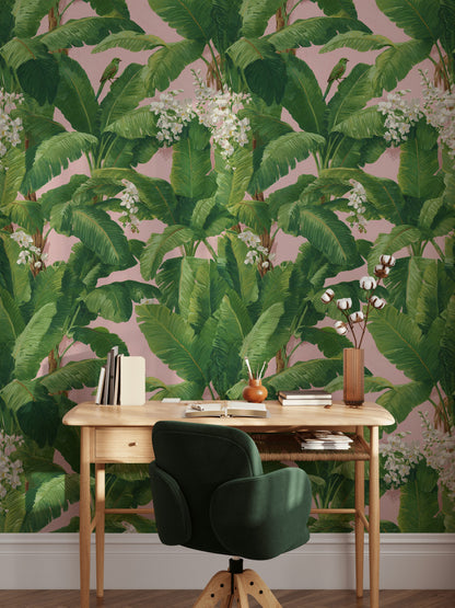 Blush Pink Tropical Leaves and Birds Wallpaper