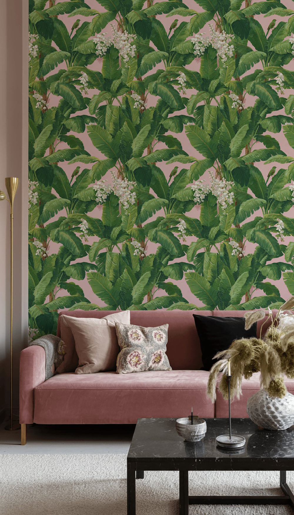 Blush Pink Tropical Leaves and Birds Wallpaper