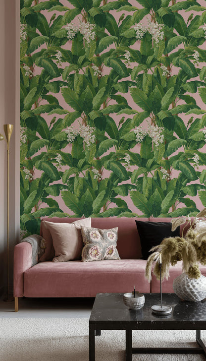 Blush Pink Tropical Leaves and Birds Wallpaper