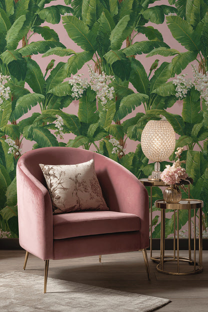 Blush Pink Tropical Leaves and Birds Wallpaper