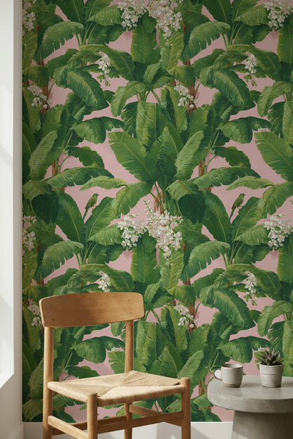 Blush Pink Tropical Leaves and Birds Wallpaper