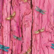 Vivid Pink Dragonfly and Woodgrain Pattern Wallpaper design