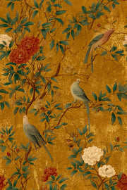 Rich Gold Look Chinoiserie Peony and Bird Wallpaper design