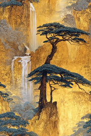 Golden Look Chinoiserie Waterfall Landscape Wallpaper design