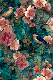 Teal and Blush Vintage Bird Floral Wallpaper design