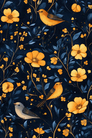 Midnight Black Songbird Floral Wallpaper design