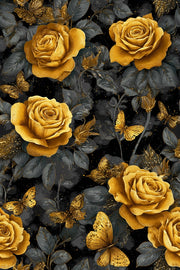 Dark Gold Look Rose and Butterfly Elegance Wallpaper design