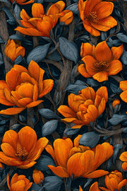 Vibrant Orange Floral on Black Wallpaper design