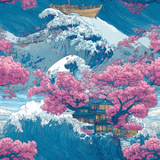Vibrant Japanese Wave and Cherry Blossom Wall Mural design