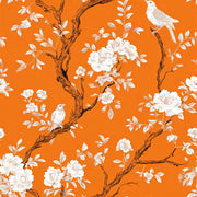 Vibrant Orange Floral Bird Pattern Wallpaper design