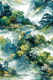 Teal and Green Watercolor Landscape Wallpaper design