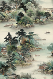 Serene Green Chinoiserie Landscape Wallpaper design
