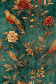 Vintage Teal Floral Bird Print Wallpaper design