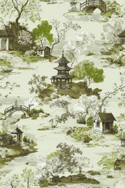 Cream and Green Chinoiserie Landscape Wallpaper design