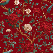 Rich Scarlet Red Floral and Bird Chinoiserie Wallpaper design