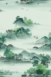 Serene Green Japanese Mountain Landscape Wallpaper design