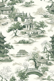 Cream and Green Chinoiserie Architecture Wallpaper design