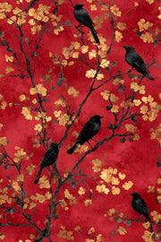 Crimson Red Cherry Blossom and Bird Wallpaper design