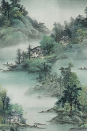 Soft Sage Green Chinoiserie Landscape Wallpaper design