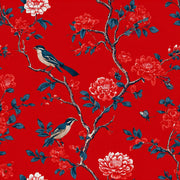 Bold Red Peony and Bird Chinoiserie Wallpaper design