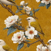 Golden Look Vintage Bird and Cherry Blossom Wallpaper design