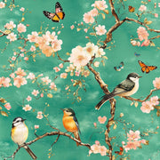 Vibrant Teal Cherry Blossom and Songbird Wallpaper design