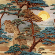 East Asian Landscape Wallpaper Trees Sun Wall Mural design