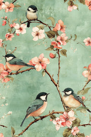 Mint Green Cherry Blossom and Bird Wallpaper design