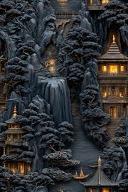 Asian Mountains Wallpaper Traditional Pagoda Wall Mural design