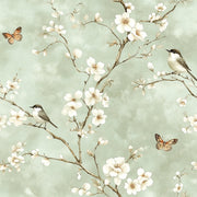 Soft Sage Green Cherry Blossom Bird Wallpaper design