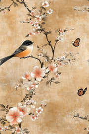 Warm Beige Cherry Blossom and Bird Wallpaper design