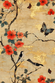 Golden Look Beige Cherry Blossom and Bird Vintage Wallpaper design