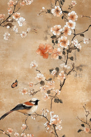 Warm Beige Cherry Blossom and Bird Wallpaper design