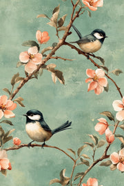 Sage Green Cherry Blossom Bird Wallpaper design