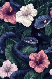 Dark Botanical Snake and Hibiscus Wallpaper design